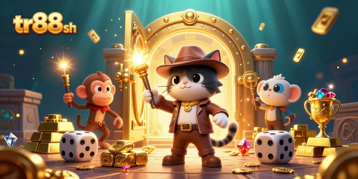 Experience the thrill of tr88 sh's casino adventure with an archaeologist cat and monkey companion.