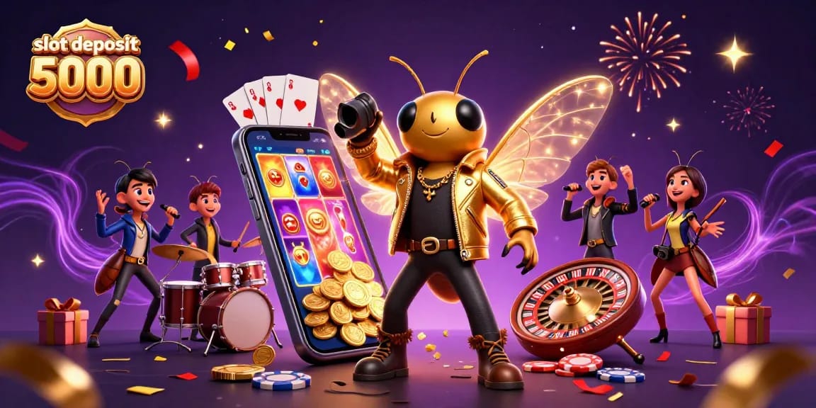 Engage in exciting gameplay with slot deposit 5000, featuring a vibrant 3D scene of a rock star cicada and gambling elements.