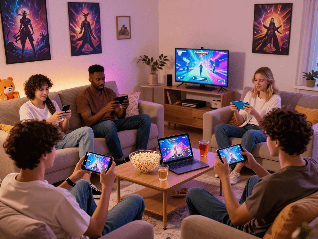 Engaging scene of diverse players enjoying mobile porn games in a cozy living room, showcasing immersive gameplay.