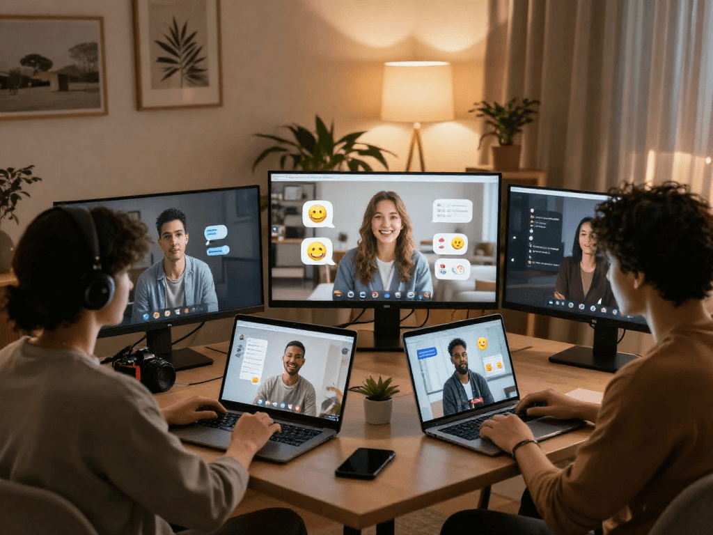 Engaging AI sex chat environment featuring diverse individuals in cozy home settings.