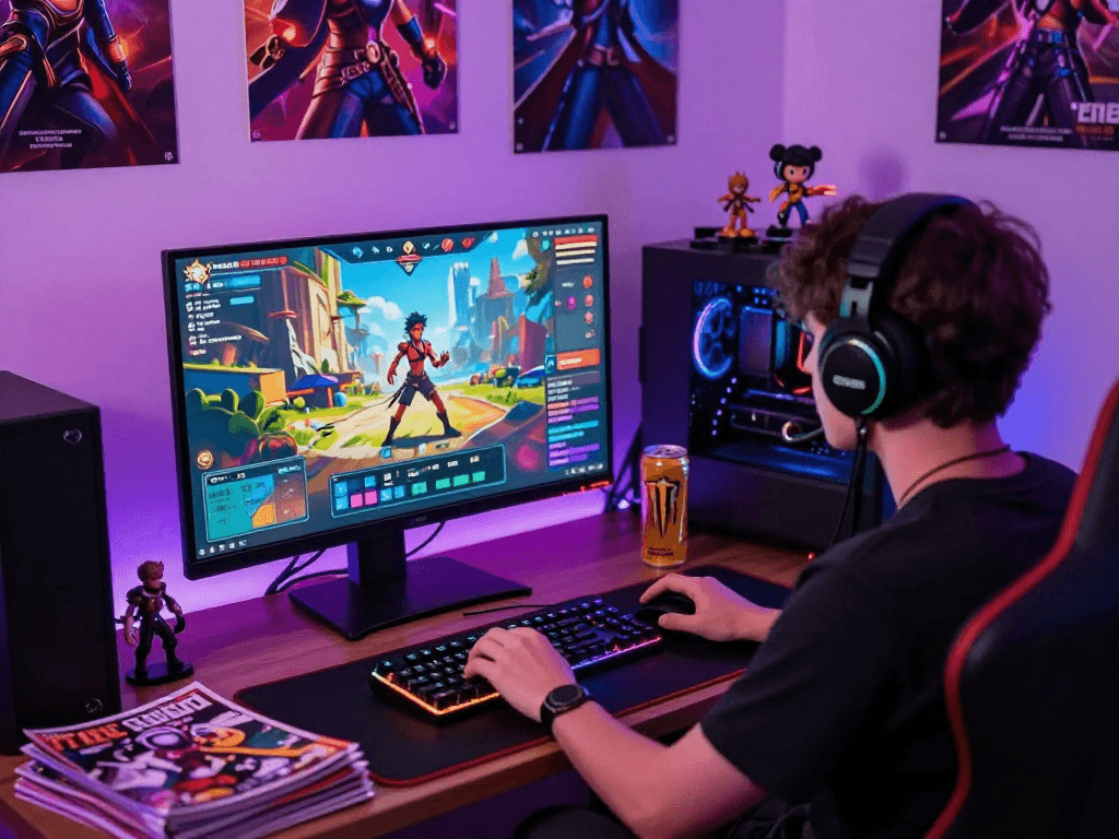 Engaging scene of a person playing a trans porn game in a colorful gaming space.