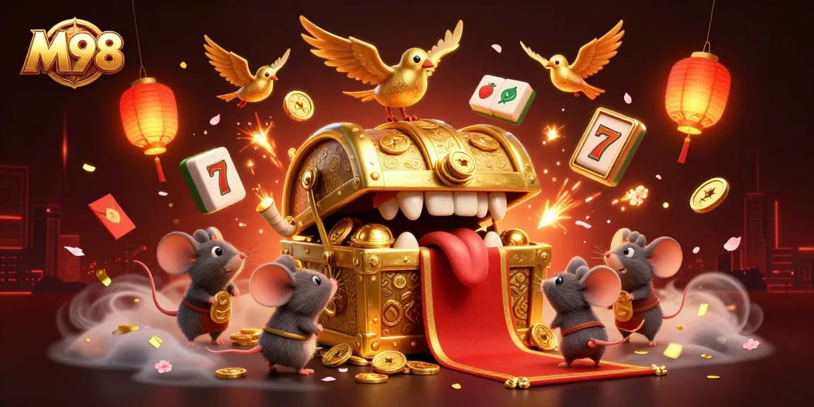 Engage with M98's captivating gaming world featuring a golden treasure chest and dynamic slot elements.
