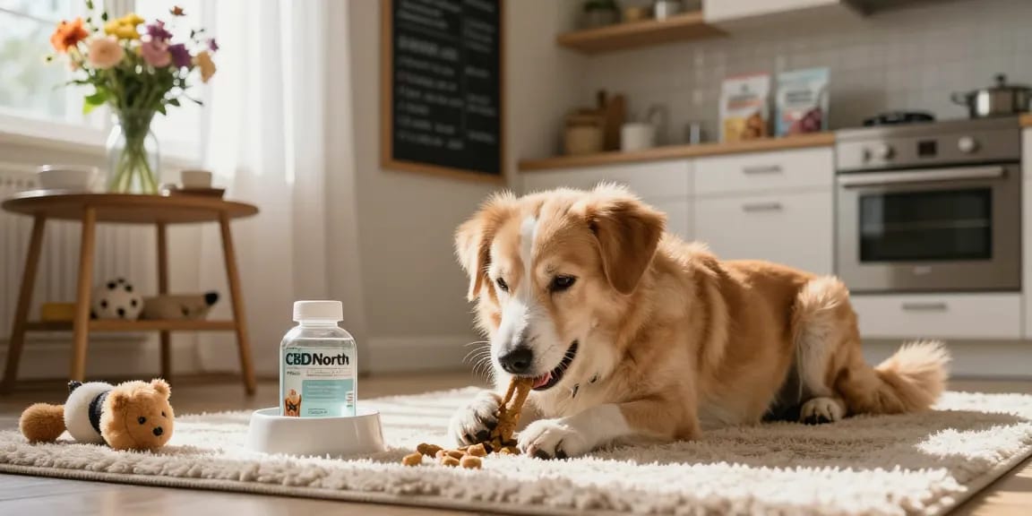 Happy dog enjoying CBDNorth dog treat in cozy home setting, showcasing pet care essentials.