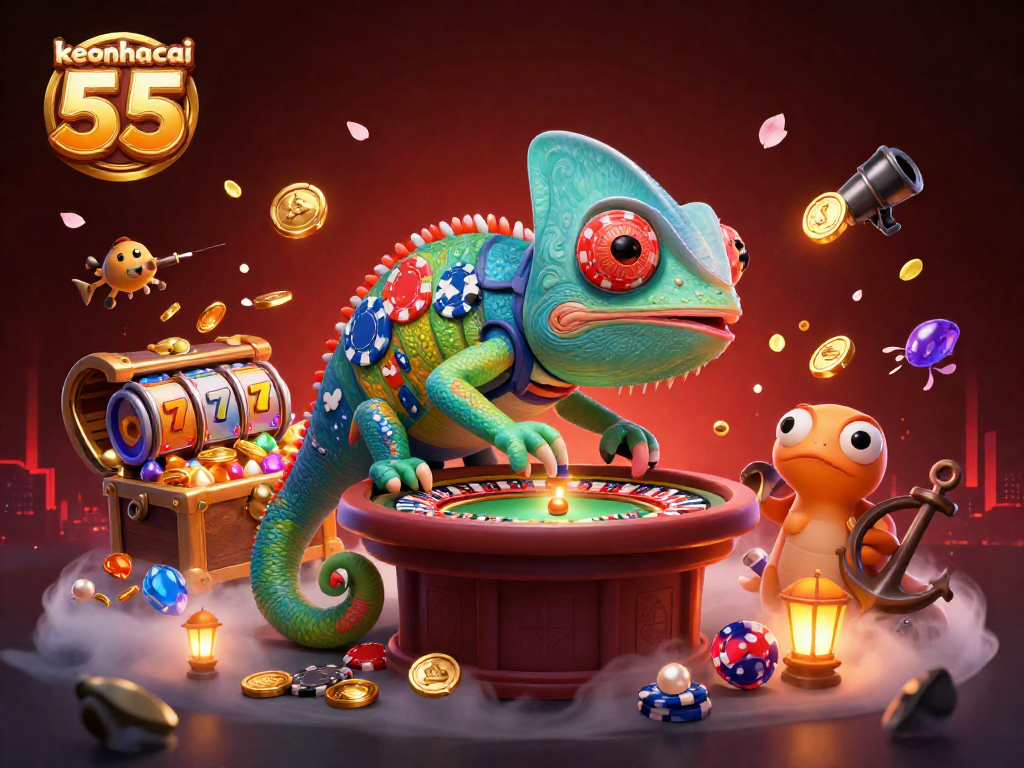 Experience the vibrant action of keonhacai 55 with a colorful chameleon casino owner amidst dynamic gambling elements.