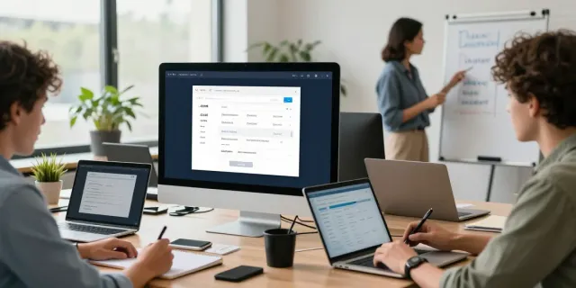 Collaborative team performing a domain name search UK in a bright, modern office environment.