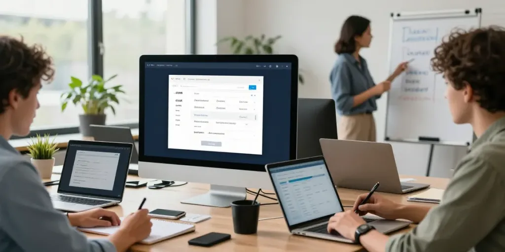 Collaborative team performing a domain name search UK in a bright, modern office environment.