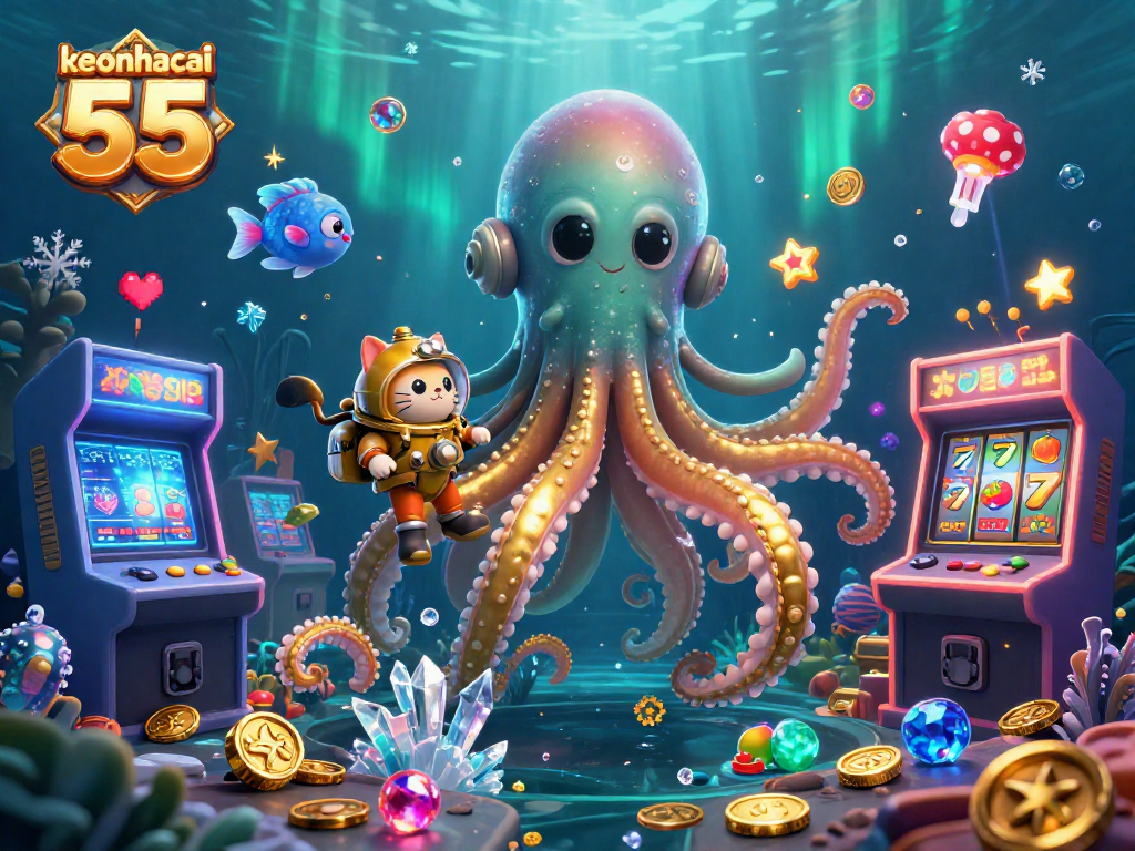 Engage with keonhacai 55 as a kraken emerges over casino slots and a diving cat amidst a vibrant ocean.