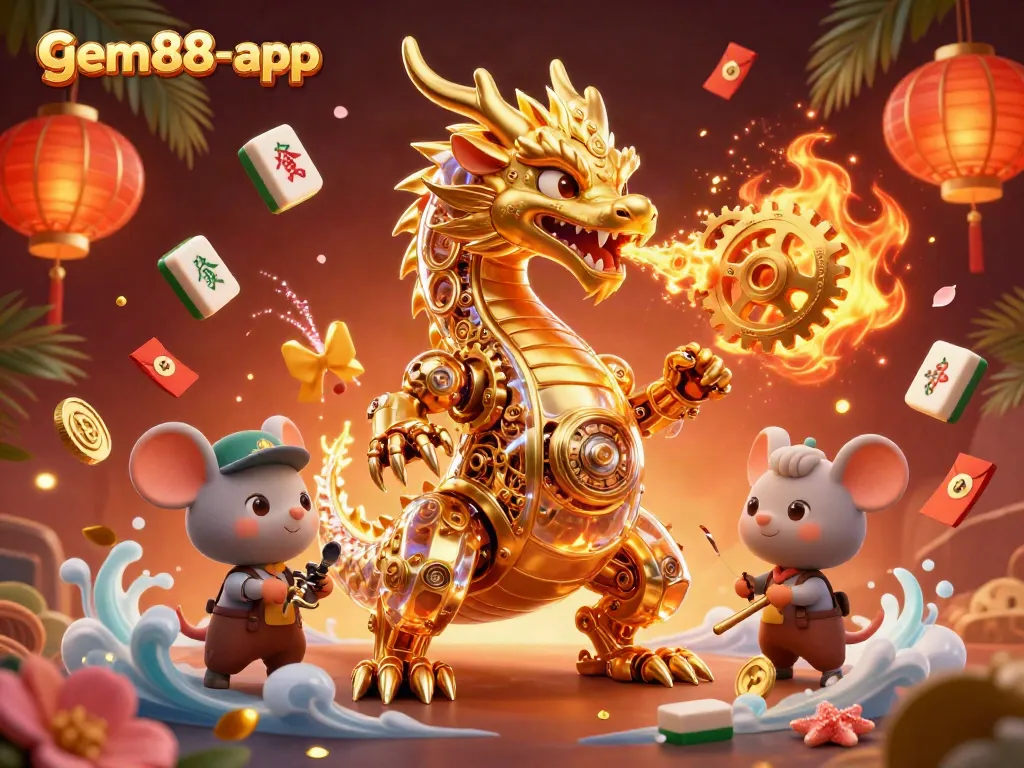 Engage with the gem88-app in this immersive casino experience featuring a dynamic dragon and vibrant gaming elements.