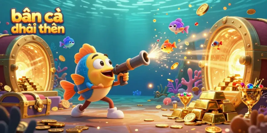 Engage in bắn cá đổi thưởng with colorful underwater casino action featuring dynamic sea creatures, treasure, and shooting.