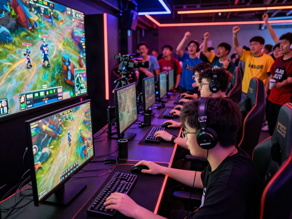 Excited gamers focused on intense xxx games during a live esports event.