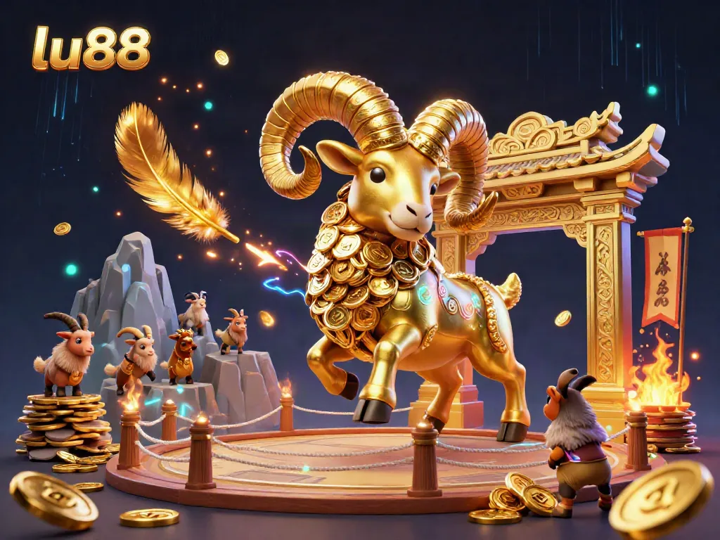 Engage in exhilarating adventures at lu88 with a golden ram charging through a lavish online casino scene.