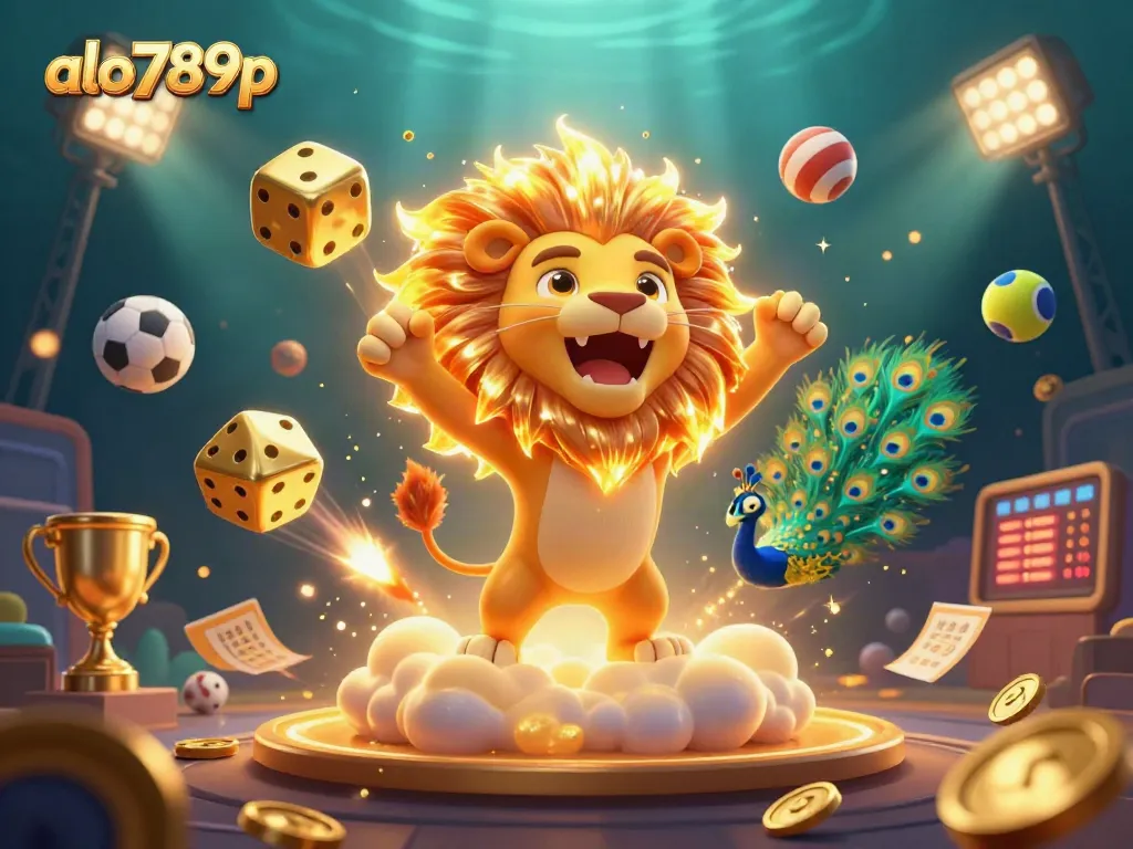 Engage with alo789p's exciting gaming realm featuring a roaring lion, golden dice, and vibrant casino elements.