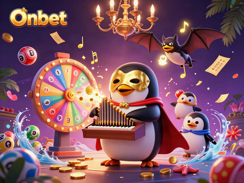 Onbet engages players with a dynamic scene of a penguin organist surrounded by vibrant casino elements.