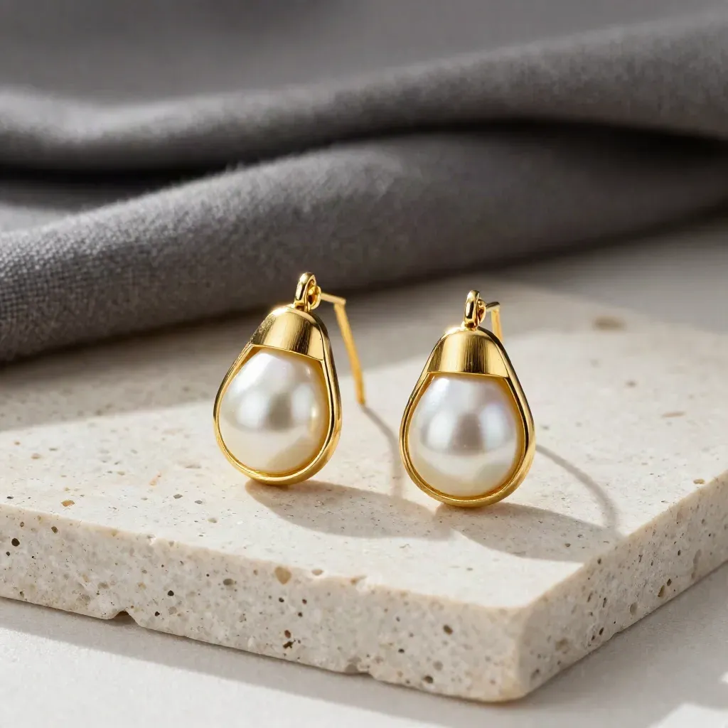 Pear stud earrings in brushed gold on milky stone with a folded charcoal cloth, macro-lit.