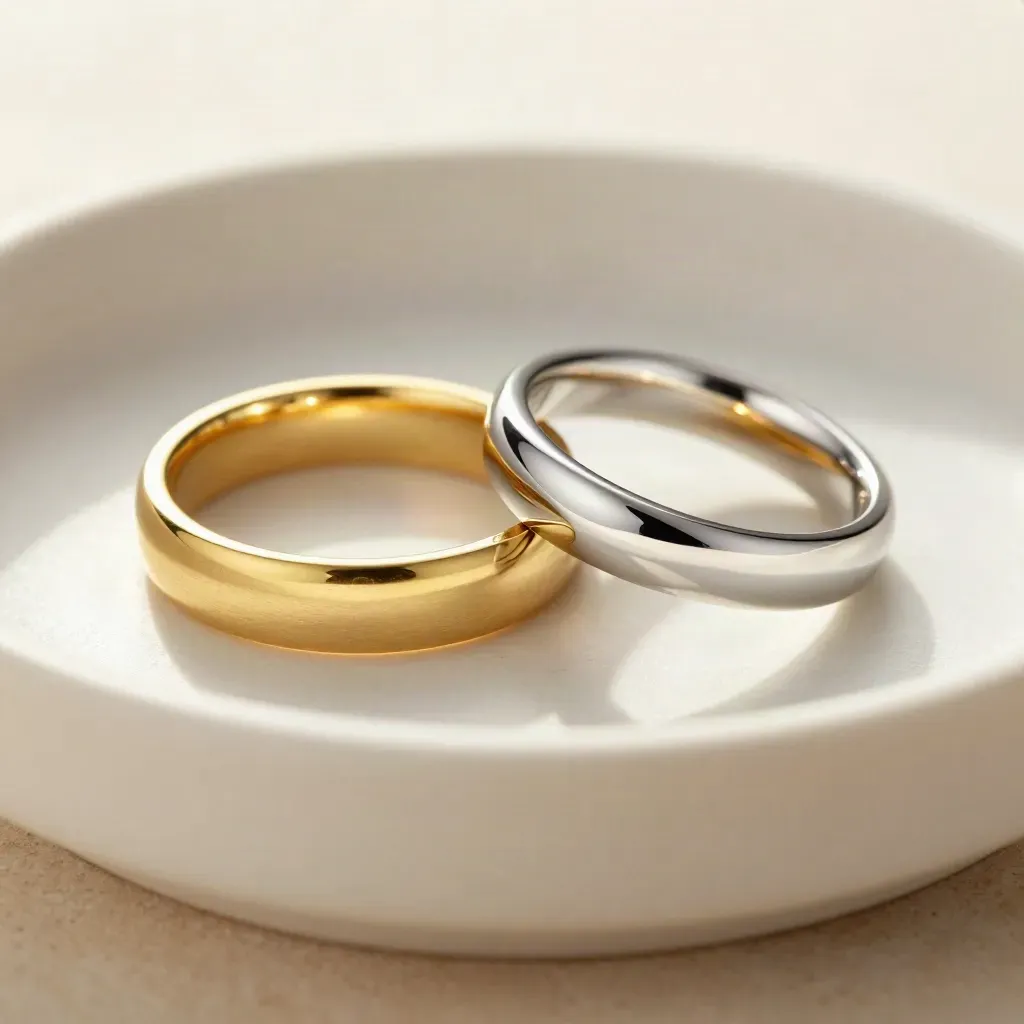 Two wedding bands, gold and white metal, touching edge to edge in a shallow ivory dish.