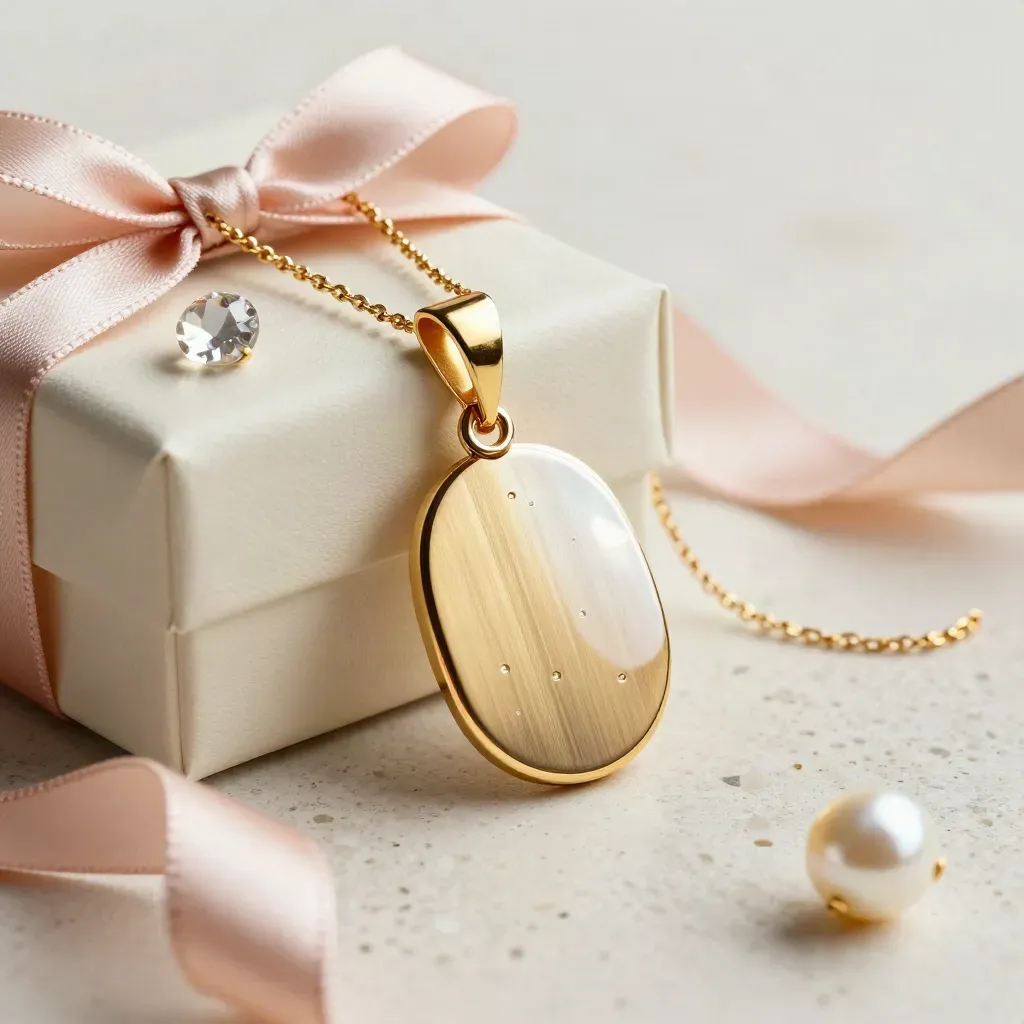 Engraved gold pendant necklace beside an open gift box with blush ribbon on pale stone.