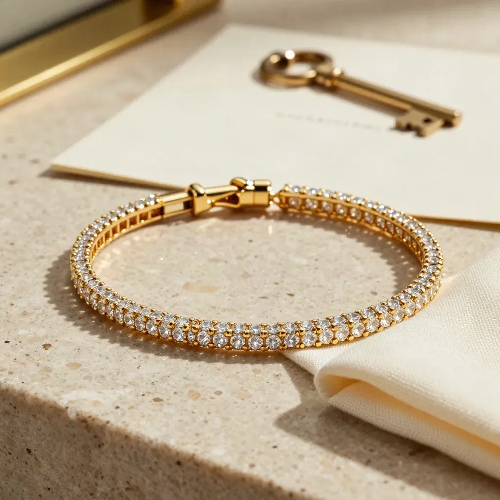 Gold tennis bracelet curved around a stone cylinder beside folded cloth in a luxe studio setup