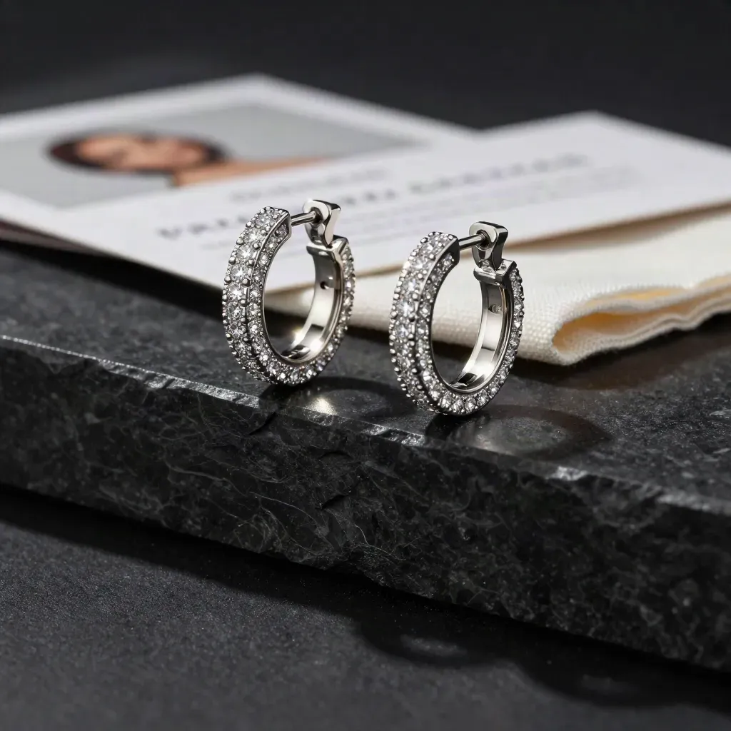 Small CZ hoop earrings on glossy stone with folded cloth, lit in a dark dramatic studio.