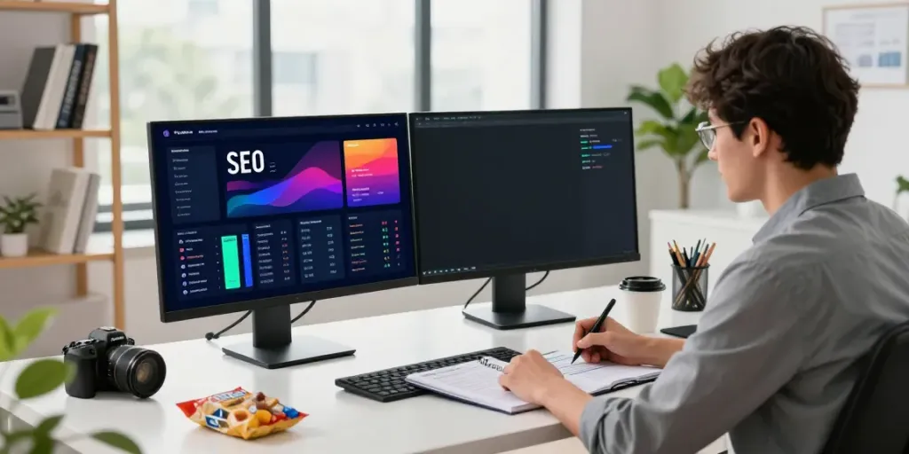 Instant indexing strategies in a modern digital marketing workspace, featuring SEO data analysis