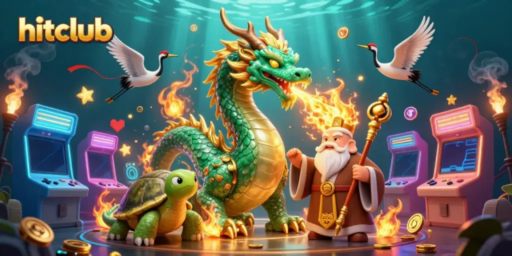 Experience the excitement of hitclub with vibrant gaming elements and mythical characters in this fantasy casino illustration.