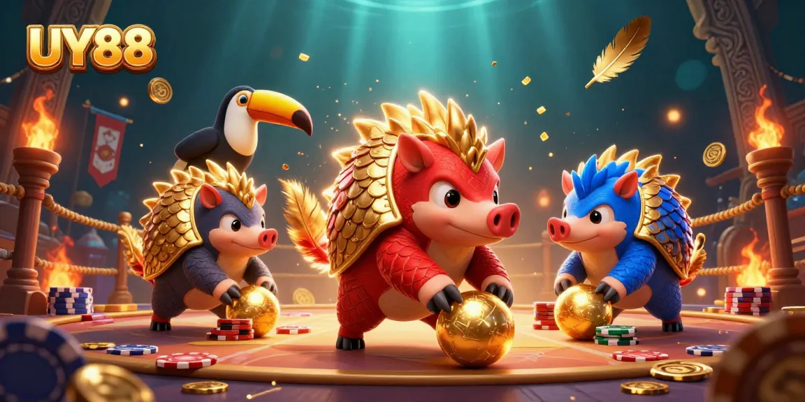 Engaging UY88 casino experience featuring vibrant pangolins and colorful game elements in a lively setting