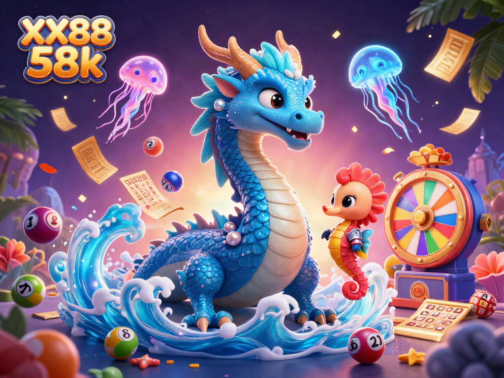 Engage in thrilling gameplay with XX88 58k, showcasing vibrant lottery elements, creatures, and dynamic energy.