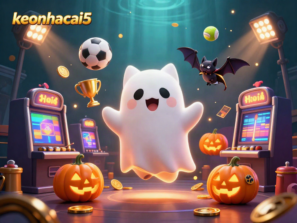 Experience excitement with keonhacai5, showcasing a ghost cat and vampire bat in a mystical casino scene.
