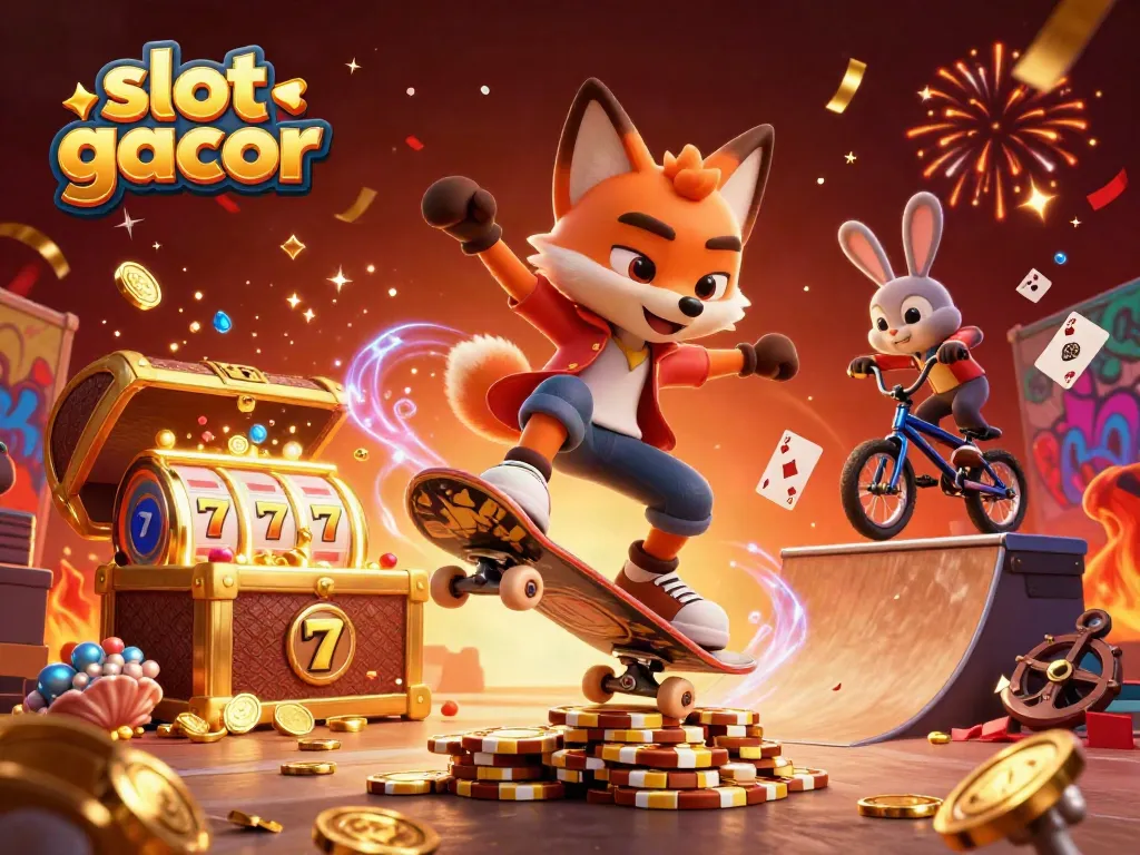 Experience slot gacor action with vibrant characters, high-energy casino elements, and fireworks.