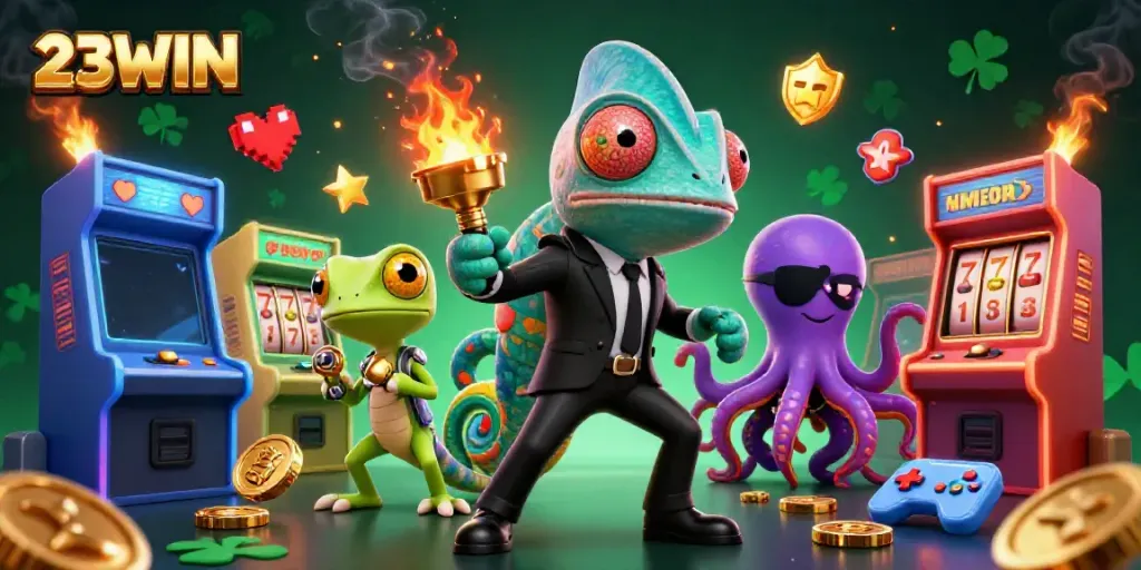 Experience the excitement of 23WIN with unique casino elements in a vibrant 3D scene.