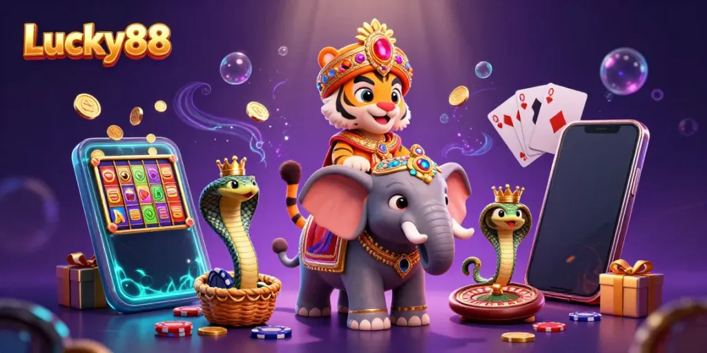 Experience thrilling gameplay with Lucky88 in a vibrant casino-themed 3D illustration.