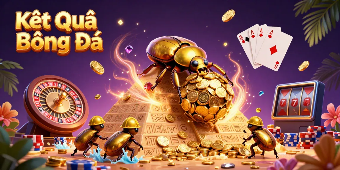 Experience Kết Quả Bóng Đá with a lively illustration of cartoon beetles working together in a golden casino scene.