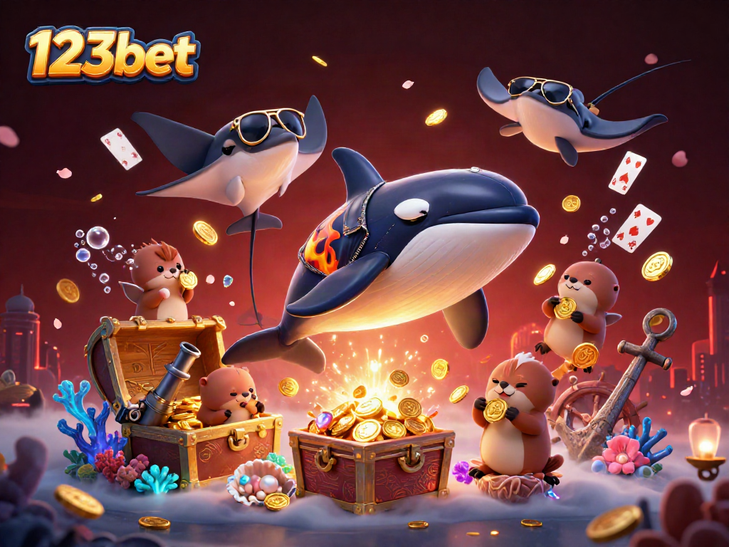 Immerse in the 123bet experience with dynamic characters celebrating winnings amid underwater treasures.