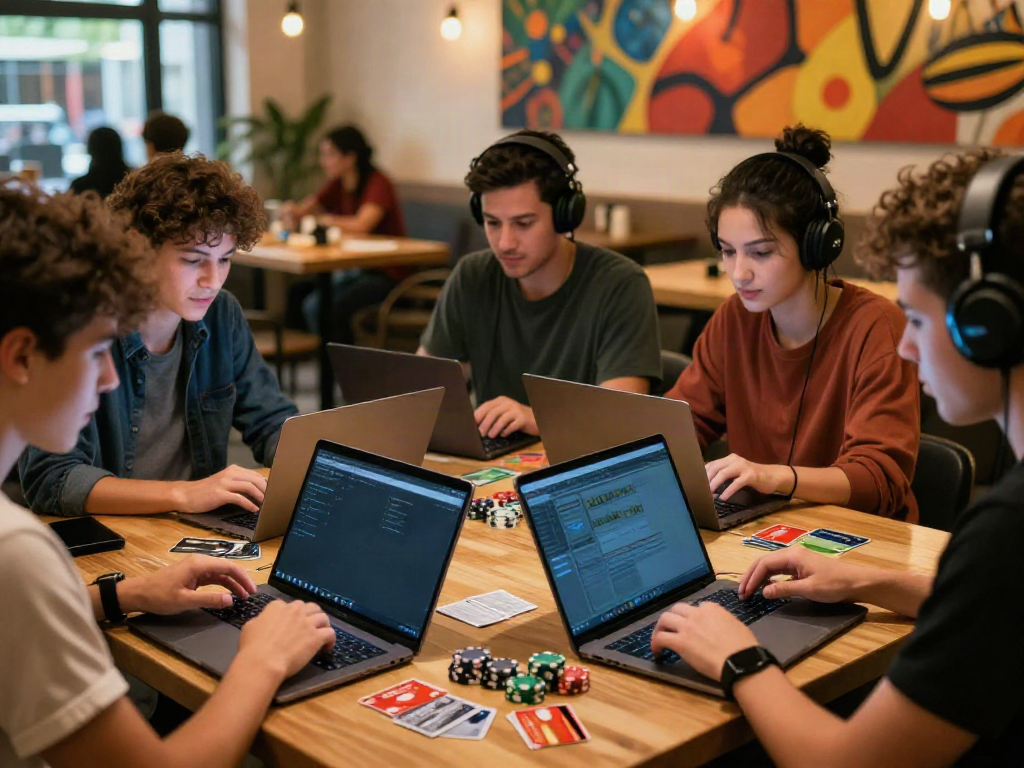 Players at a café using online casinos that accept credit card for gaming, with credit cards visible on the table.