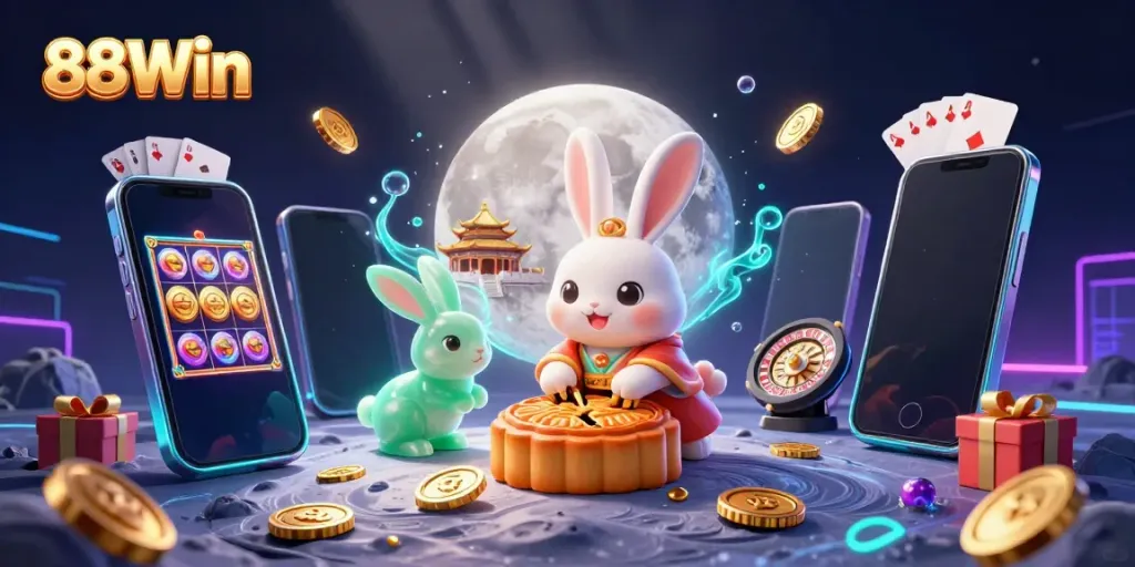 Engage with 88Win's vibrant gaming scene featuring a moon rabbit, golden mooncakes, and dynamic slot gameplay elements.