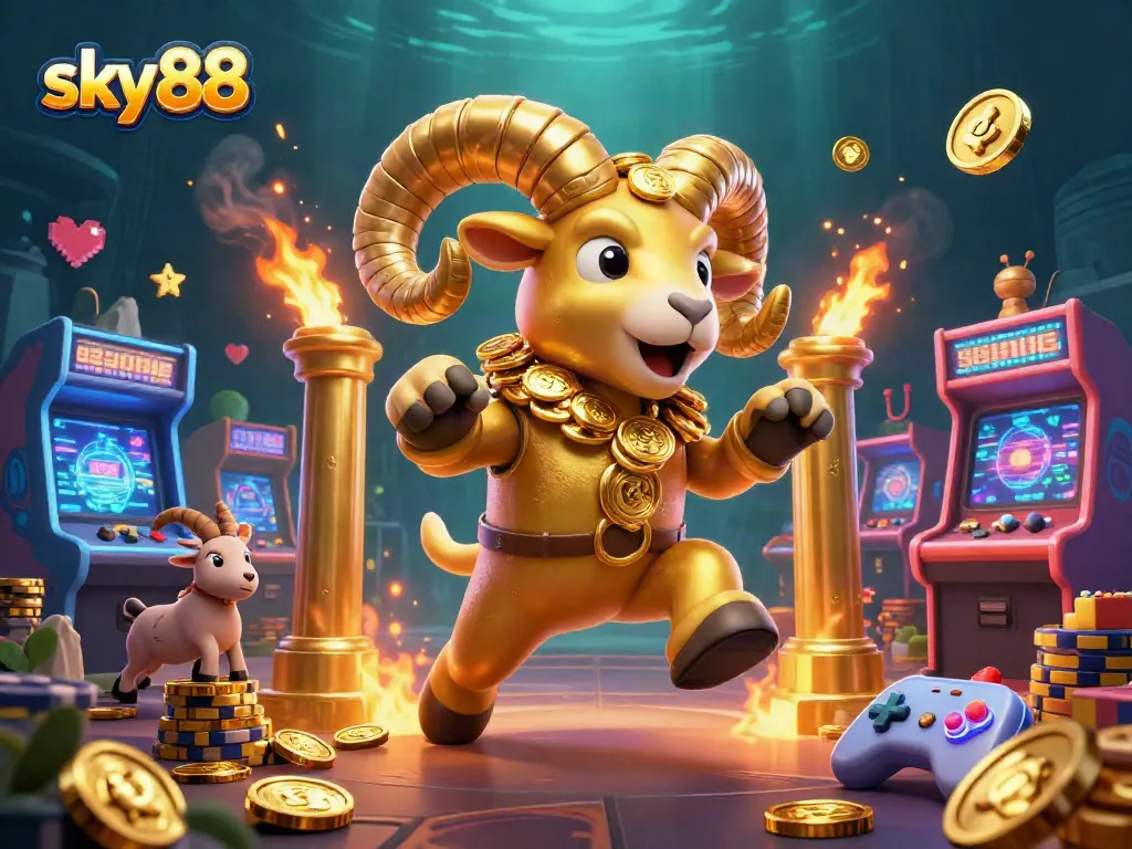 Engage in the sky88 excitement with a golden ram charging through a vibrant casino scene.