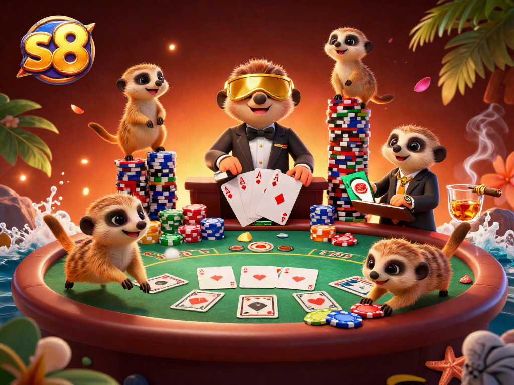 Experience the excitement of s8 with meerkats in a lively casino, thriving around poker tables and chips.
