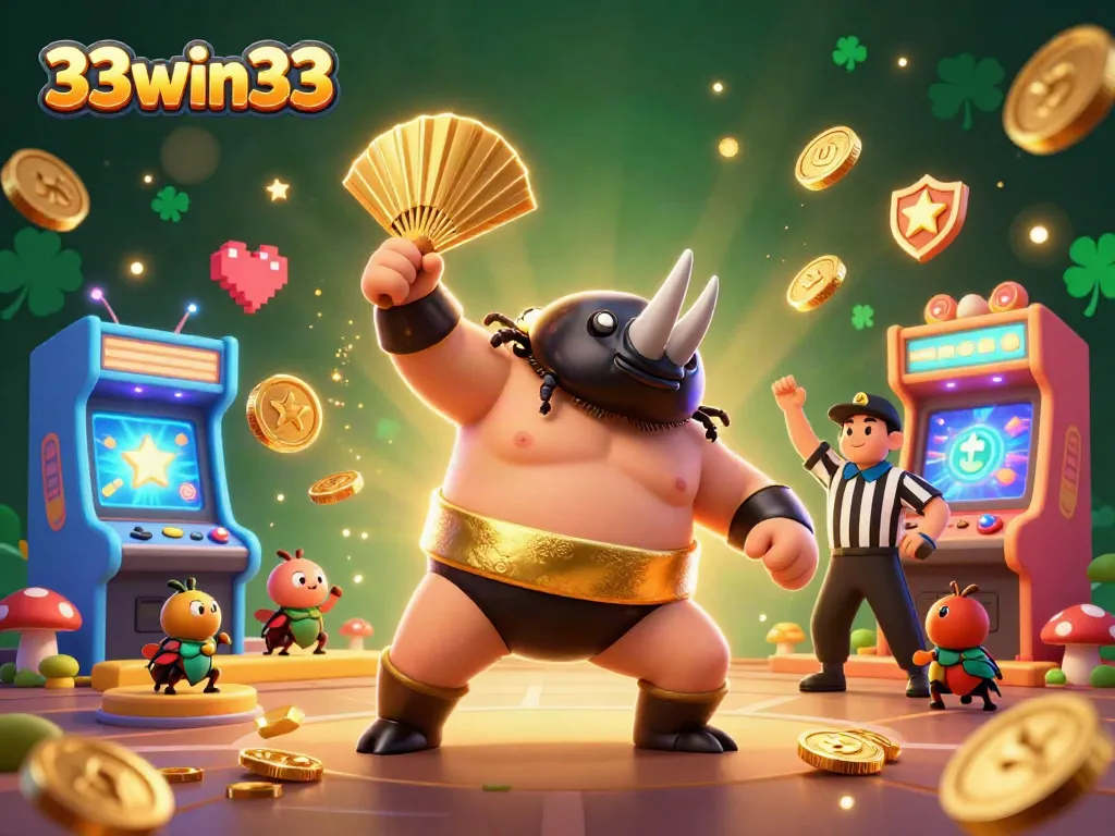 Experience thrilling moments at 33win33 with a lively casino scene featuring colorful characters and arcade elements.