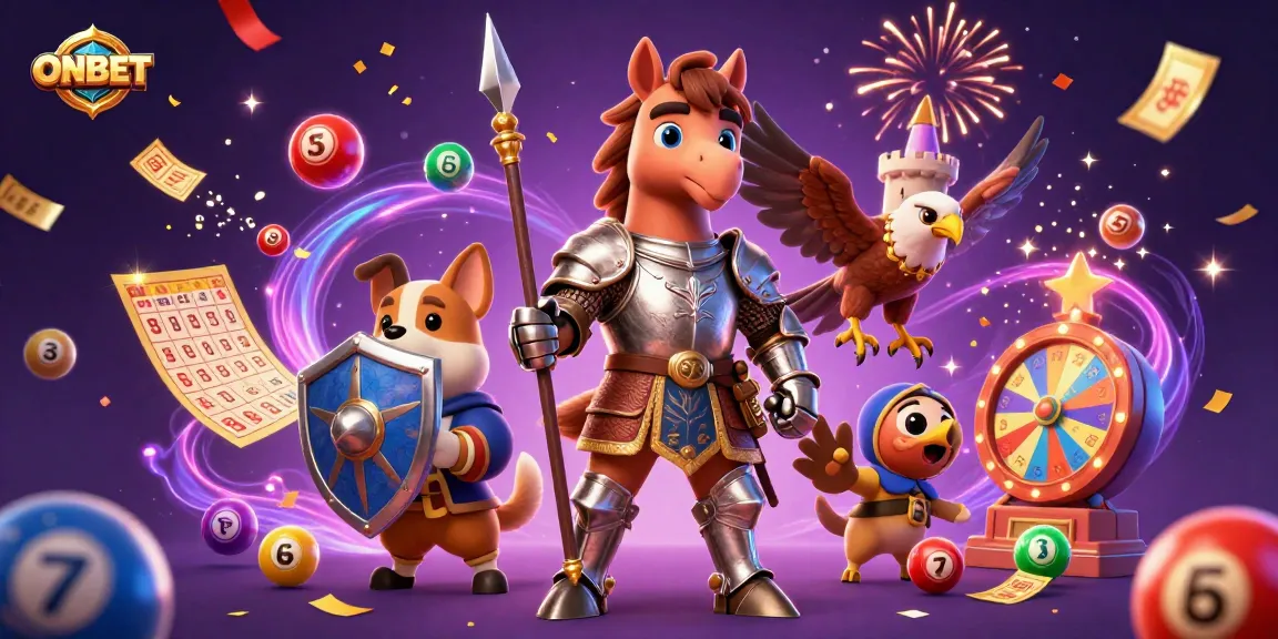 Win big with ONBET in this vibrant 3D scene featuring casino characters and dynamic lottery elements.