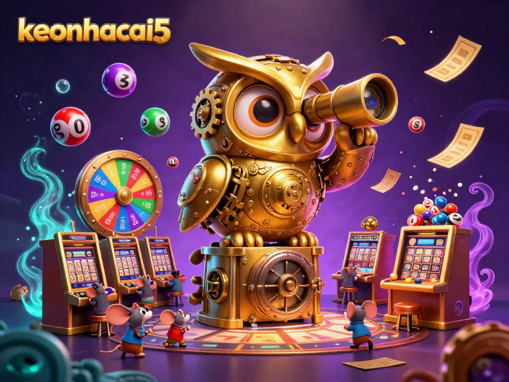 Experience keonhacai5 with a mesmerizing scene of a golden owl and playful mice at a lively sports betting casino.