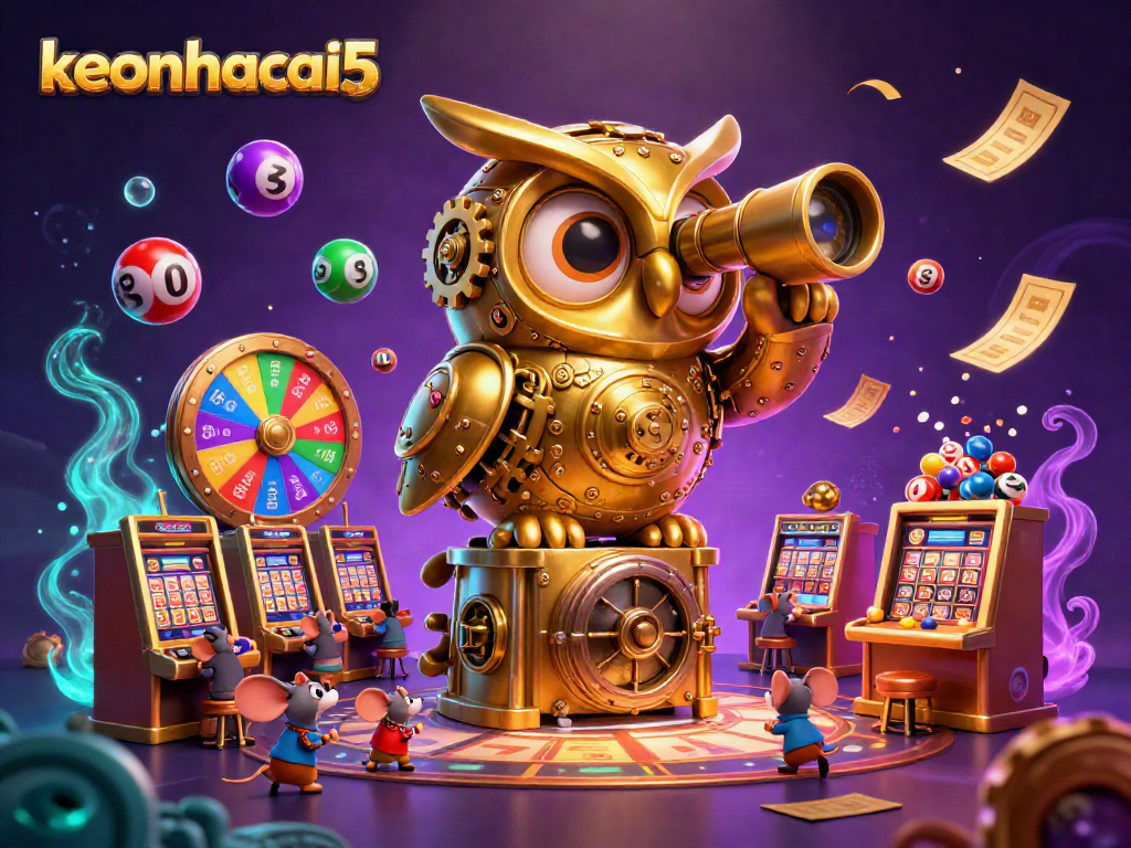 Experience keonhacai5 with a mesmerizing scene of a golden owl and playful mice at a lively sports betting casino.