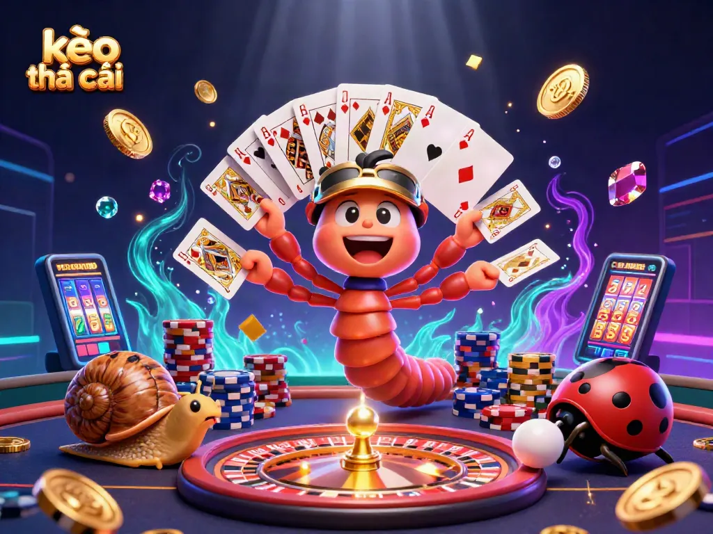Engage with kèo nhà cái through a vibrant gaming scene featuring a millipede dealer and high-roller snail.