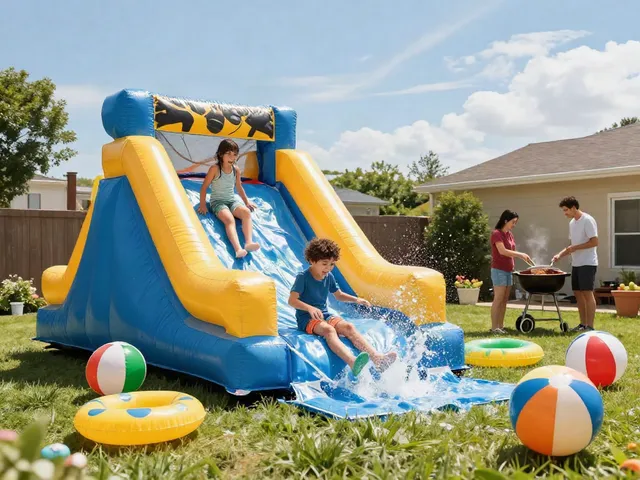 Children enjoying a water slide during a joyful summer gathering.