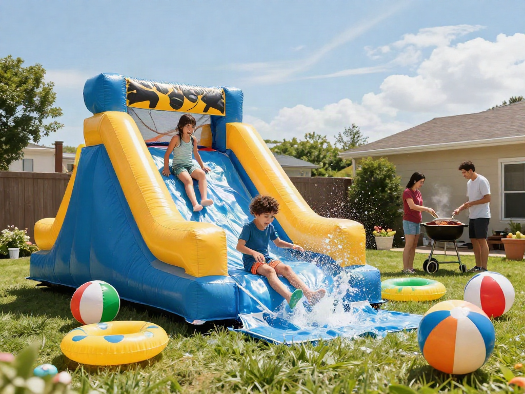 Children enjoying a water slide during a joyful summer gathering.