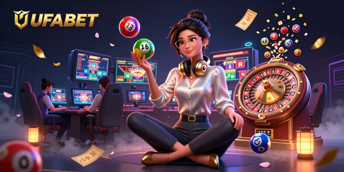 Experience the excitement of UFABET with a high-tech gaming scene featuring vibrant lottery elements.
