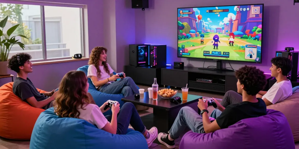 Friends enjoying HTML ecchi games in a vibrant gaming lounge, showcasing interactive adult entertainment elements.