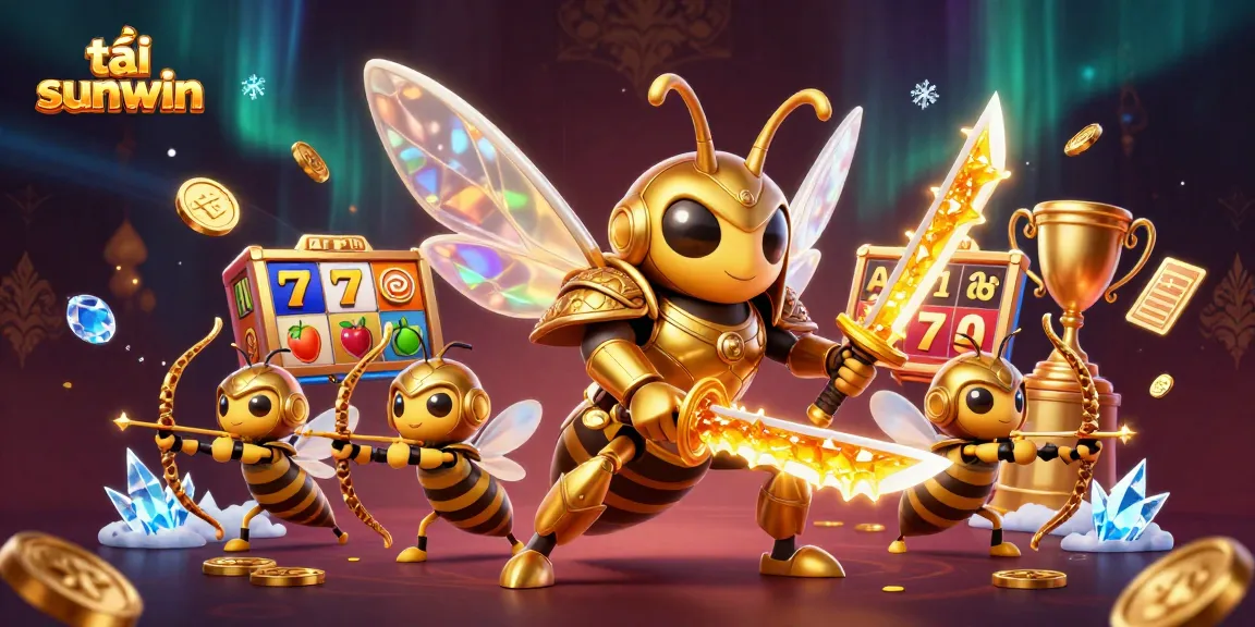 Experience the thrill of tải sunwin with an exciting illustration showcasing a golden hornet in samurai armor amidst dazzling game elements.