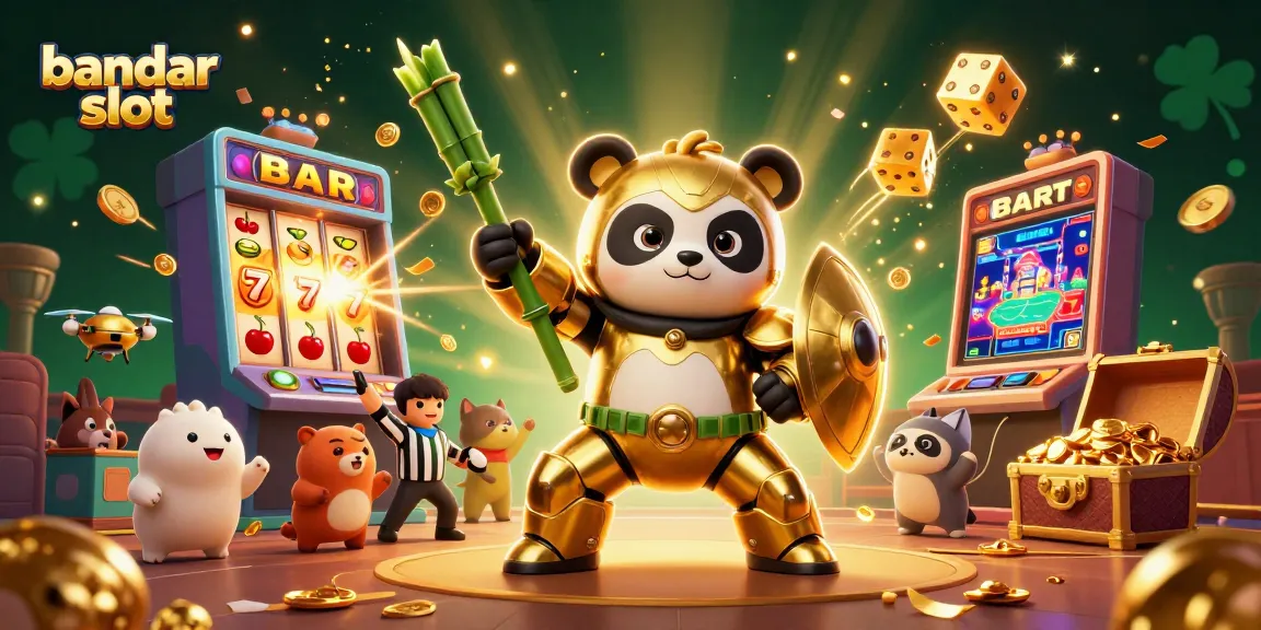 Engage with bandar slot excitement as golden pandas battle in a vibrant casino scene.