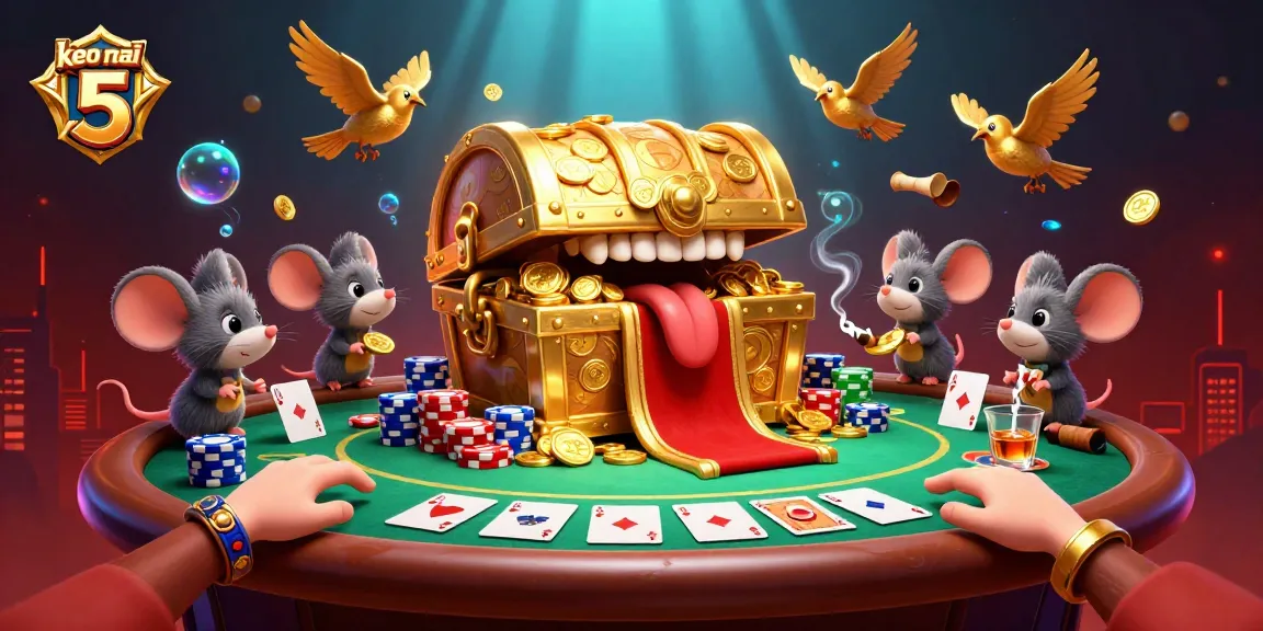 Engage in thrilling action with keo nha cai 5 as golden treasures and poker elements abound in a vibrant casino scene.