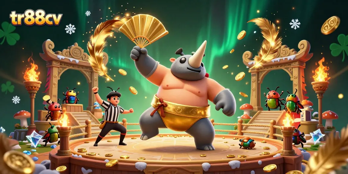 Experience the excitement of tr88cv as a cartoon rhinoceros beetle sumo champion stomps and sends coins flying!