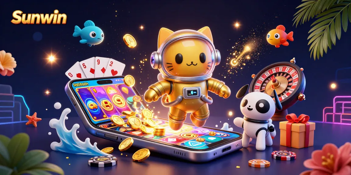 Engage with Sunwin's thrilling games featuring a dynamic 3D scene of casino elements and characters.